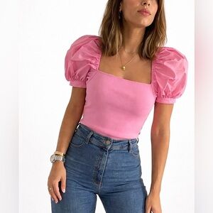 Zara Pink Puff-Sleeve Square Neck Crop Top with tie-back detail